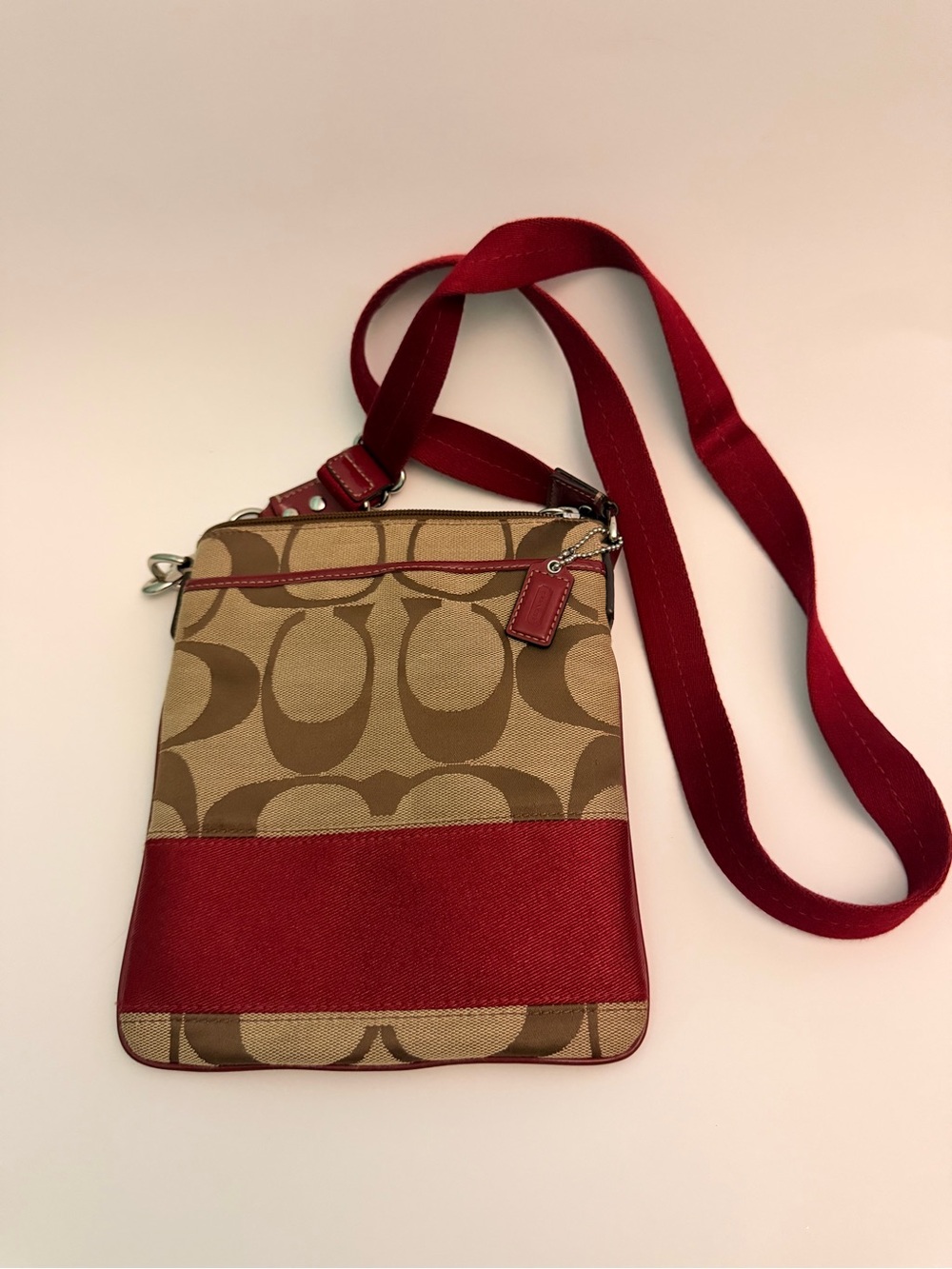 Coach Khaki Signature Canvas Crossbody with Red Trim